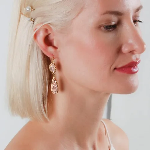 Vista 5 de Humble Chic Aretes largos de gota colgante de imitación, aretes femeninos de doble lágrima con purpurina bohemia, dijes bohemios de piedra de geoda