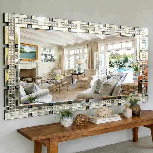 Vista 12 de Chende - Espejo de pared decorativo de 36 x 24 pulgadas con marco incrustado de cristal real, espejo de tocador HD sin plomo para sala de estar