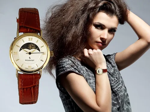 Vista 3 de Peugeot Women 14K Plated Sun Moon Phase Vintage Dress Analog Watch with Leather Strap