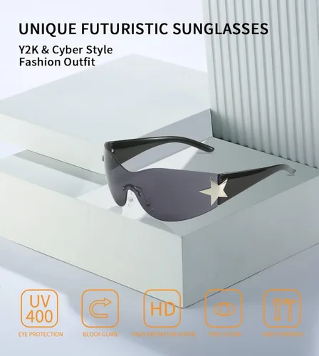 Vista 3 de Dollger Gafas de sol Y2K de moda para mujeres y hombres gafas de sol envolventes sin montura Cyber Y2k Fashion 2000 gafas escudo Negro
