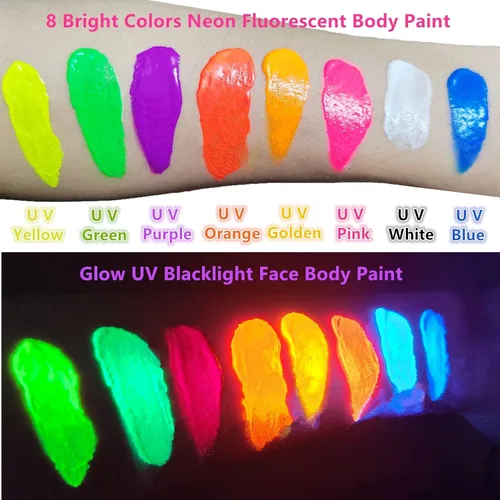 Vista 2 de Go Ho Pintura corporal azul neón lavable (2.37 onzas, 2.4 fl oz), pintura facial neón con luz negra UV, pintura facial azul fluorescente a base