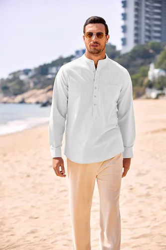 Vista 3 de COOFANDY Camisa Henley de algodón para hombre, de manga larga, ajustada, de lino, casual, para verano, playa, hippie
