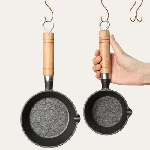 Vista 7 de Mini Sartén para Huevos, Sartén de Hierro Fundido para Tortillas con Mango de Madera, Mini Sartén Pre-Sazonada, Sartén Antiadherente de Hierro