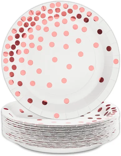 Vista 9 de DYLIVeS Plato de papel, paquete de 80 lunares negros y dorados, platos desechables de 7 pulgadas, redondo, casual, para todas las estaciones