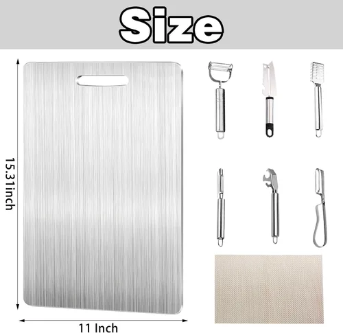 Vista 4 de Tabla de cortar de titanio, tablas de cortar para cocina, 8 tablas de cortar de acero inoxidable, pelador, alfombra, clip para platos, tablas