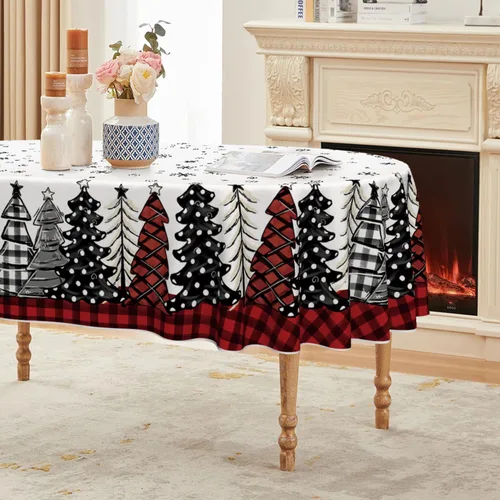 Vista 8 de Horaldaily Mantel de Navidad 52×70 Pulgadas Rectangular, Árboles de Navidad con Diseño de Búfalo a Cuadros Negro Lavable, Cubierta de Mesa