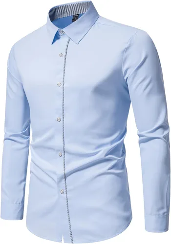 Vista 7 de Camisas de vestir para hombre, ajustadas, de manga larga, con botones, de ajuste regular, con cuello, camisetas de fiesta de trabajo