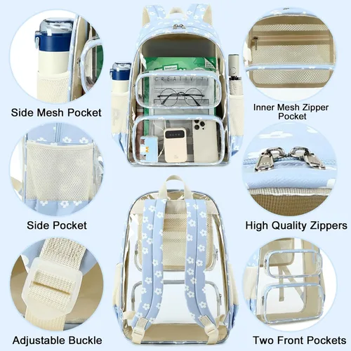 Vista 29 de CAMTOP Mochila transparente resistente y transparente para estudiantes, escuela, trabajo, festival, viajes, deportes, Beige, Mediana, Camtop Mochila