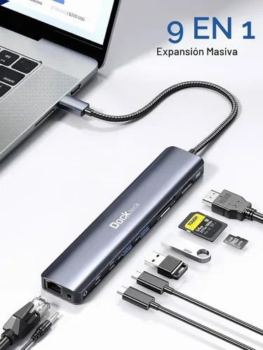 Vista 2 de Dockteck Hub USB-C 9 en 1: HDMI 4K a 60Hz, Ethernet, 100W PD, audio, 2 x USB-A 5 Gbps, lector de tarjetas SD/TF para MacBook, iPad, XPS, Microsoft