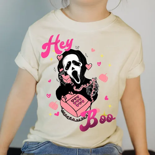 Vista 4 de Hey boo - Camisa de Halloween de película de miedo, camisa de Halloween para niños, camisa espeluznante y linda para niña, disfraz de Halloween