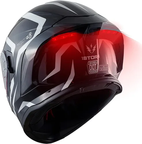 Vista 22 de 1Storm Nuevo Casco Modular de Motocicleta con Visera Dual, Protección Solar Completa y Luz Trasera LED Recargable: LED-X90 Flecha Azul