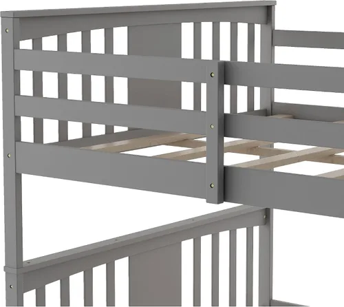 Vista 6 de Litera de suelo individual sobre individual, litera baja de madera con escalera, para niños y niñas (gris)