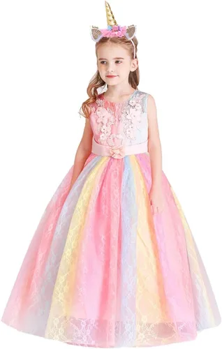 Vista 21 de Vestido de tul de unicornio arcoíris para niñas, vestido de princesa para cumpleaños, Halloween, Navidad, concurso de baile, fiesta de baile