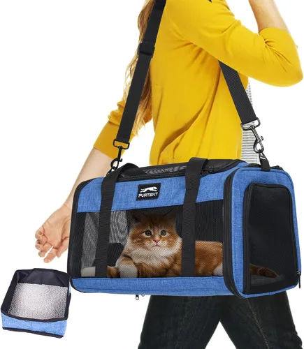 Vista 10 de Transportador de mascotas aprobado por la TSA para gatos pequeños y cachorros, de lados suaves y plegable, transportador de gatos y perros para Negro