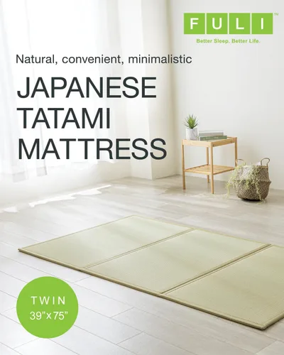 Vista 3 de FULI Colchón de tatami japonés, tapete Igusa (hierba 100% japonesa Rush) se pliega en tres, fabricado en Japón (natural, individual)