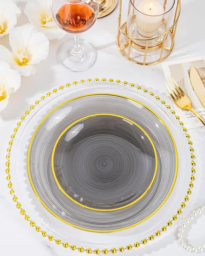 Vista 9 de Morejoy - 100 platos de plástico negro, platos desechables negros con borde dorado Black and Gold Plastic Plates, Modern swirl design Plates
