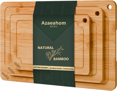 Vista 13 de Tablas de cortar de bambú para cocina, juego de tablas de cortar de madera con ranuras para jugos y asas incorporadas, fácil almacenamiento