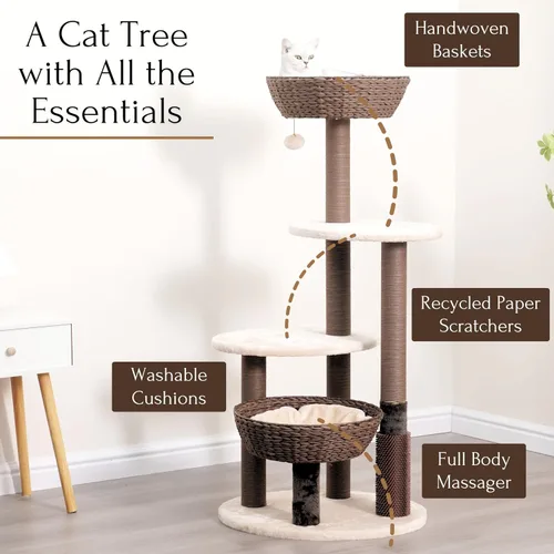 Vista 3 de PetPals Árbol grande para gatos de 49 pulgadas de alto y 5 niveles con postes rascadores de cuerda de papel reciclado reemplazables, cojines