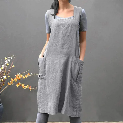 Vista 3 de XUNRYAN Delantal de lino de algodón para mujer, delantal cruzado en la espalda, vestido para hornear, cocinar, jardinería, trabajo, vestido