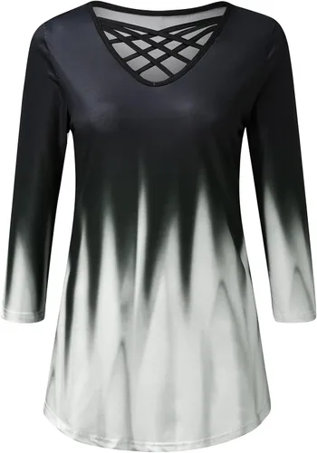Vista 2 de Crop Tops for Women 34 Sleeve Criss Cross Tops Sexy Fashion Gradient Color Print Tops Blouse 2023 Summer New Tunic Shirts