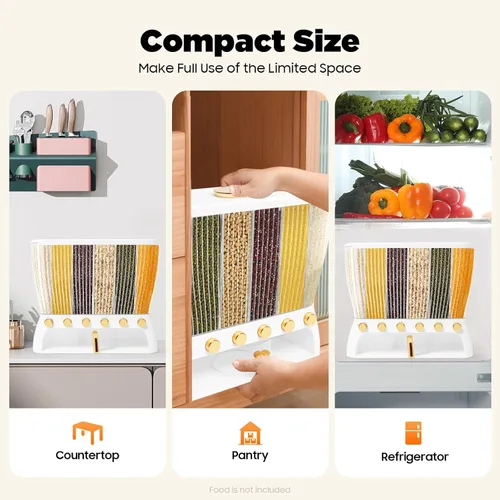 Vista 3 de Dispensador de cereales, dispensador de grano de tamaño de compartimento ajustable de 6 rejillas, dispensador de arroz transparente 6 en 1