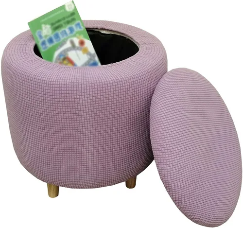 Vista 10 de Funda otomana redonda, fundas elásticas para otomanas, 2 piezas, fundas protectoras para reposapiés a cuadros suaves con parte inferior elástica