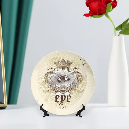 Vista 6 de XISUNYA Plato decorativo de 6 pulgadas, porcelana redonda, con emblema vintage, ramas de laurel victoriano, corona impresa, para colgar en la pared