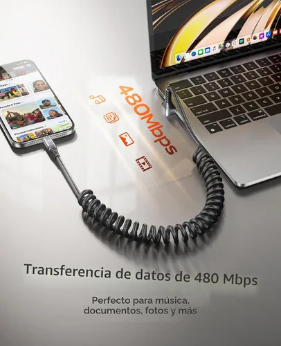 Vista 3 de Cable USB A a USB C de 90 grados, paquete de 2 cables USB tipo C en espiral de 3 pies para automóvil, cable de carga rápida USB-C compatible