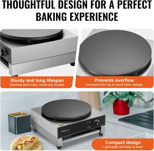 Vista 5 de VEVOR máquina eléctrica para hacer crepés, máquina comercial para crepés de 16 pulgadas, plancha plana de 1700W para crepes, máquina antiadherente
