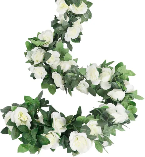 Vista 10 de LESING Guirnalda de rosas artificiales, 4 unidades (28.8 pies), guirnalda de flores de seda falsa con plantas verdes, guirnaldas de flores colgantes