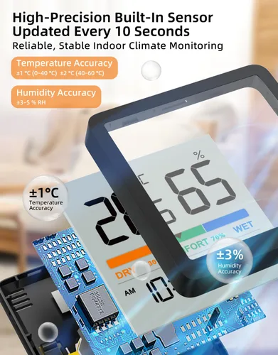 Vista 4 de NOKLEAD Termómetro higrómetro para interiores, mini monitor digital de temperatura y humedad de escritorio con indicador de comodidad y reloj