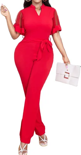 Vista 3 de Oxgmoky Overol elegante de negocios con cuello en V y cremallera de manga larga sexy con tirantes rectos, pantalones largos con bolsillos