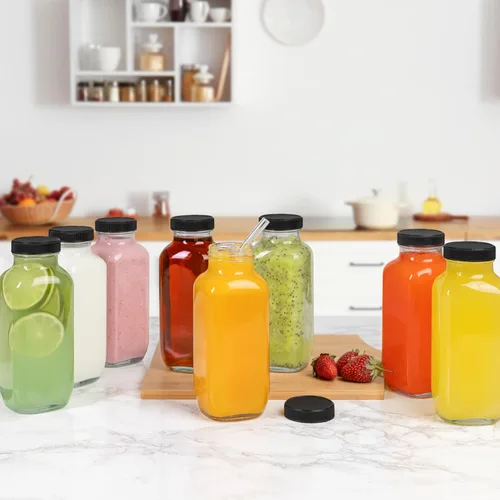 Vista 5 de umud Botellas de Jugo con Tapas, 16 Oz - Juego de 8 - Frascos de Vidrio Transparente con Tapas - Recipientes Vacíos Reutilizables para Bebidas