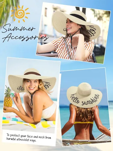 Vista 5 de Sombreros de sol para mujer, sombrero de playa de paja de ala ancha de Beige claro