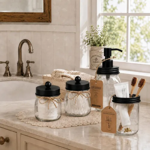 Vista 2 de SheeChung. - Conjunto de accesorios para baño de frascos Mason, juego de 6 unidades. Glass Bathroom Accessory Set, Soap Dispenser, Toothbrush
