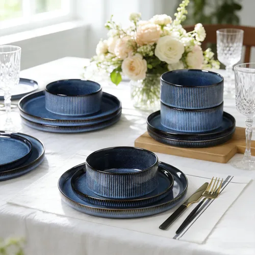Vista 9 de Stoneware Dinnerware Sets for 4, 12Pcs Plates and Bowls Set, Midnight Blue