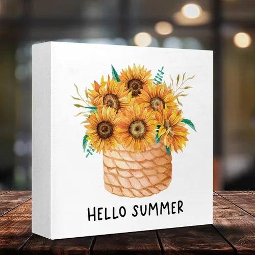 Vista 4 de Letreros de bloque de madera de verano, floreros de girasol de verano para el hogar, dormitorio, oficina, escritorio, mesa, decoración