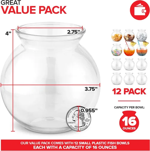 Vista 2 de Cuencos pequeños redondos de plástico para fiestas (paquete de 12) mini tazón transparente de 16 onzas, vasos inastillables para bebidas, centros