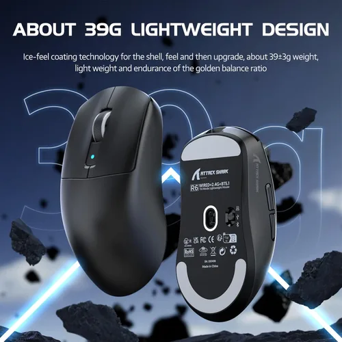 Vista 7 de ATTACK SHARK R6 - Mouse para juegos SUPERLIGHT de 1.38 oz, sensor de juego PixArt PAW3950MAX, mouse inalámbrico 8K, MCU Nodic 52840, BT2.4Gmouse