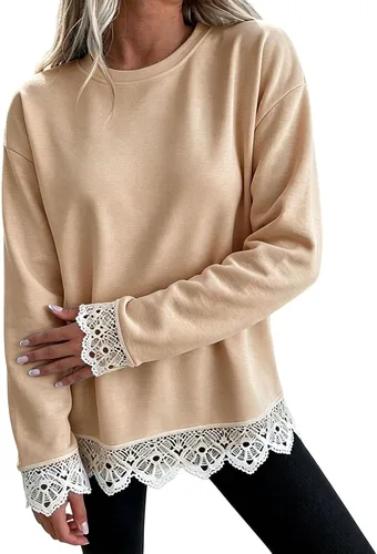 Vista 13 de Fall Sweatshirts for Women Crewneck Scalloped Lace Trim Cute Pullover Tops Lightweight Long Sleeve Polka Dot Sweatshirt,Oversized Leopard Print A