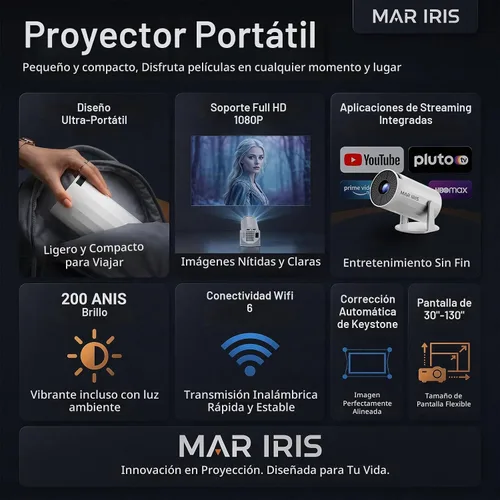 Vista 4 de Mini proyector con WiFi y Bluetooth, proyector portátil 1080P, Keystone automático, rotación de 210°, proyector inteligente con aplicación integrada