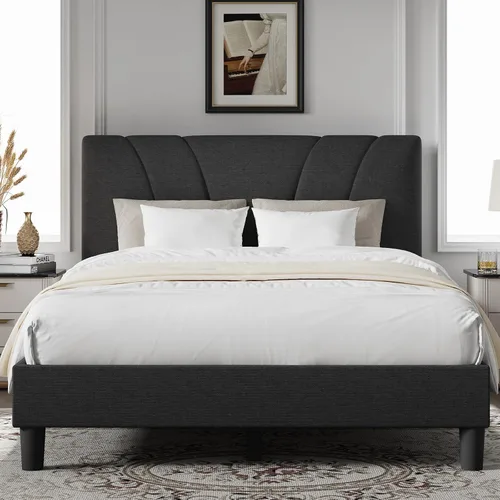 Vista 11 de Novilla Base de cama de tamaño matrimonial con plataforma de cabecera ajustable, base de cama matrimonial con cabecera tapizada de tela de lino,
