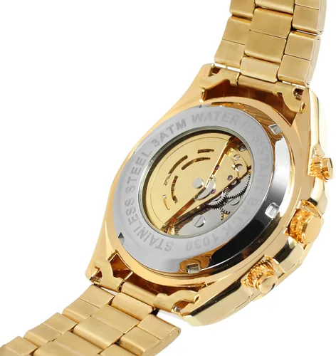 Vista 6 de FORSINING Reloj de esqueleto analógico automático para hombre con pulsera de acero inoxidable, Oro, Automático, reloj esqueleto