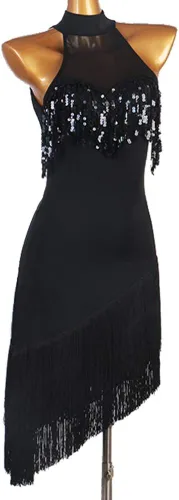 Vista 3 de Vestidos de baile latino con flecos para mujer, disfraces de competencia de cha cha, vestido de baile de baile, traje de baile de tango, negro, S