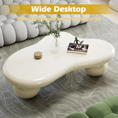 Vista 7 de Mesa de centro en forma de nube de 40 pulgadas, modernas mesas de centro ovaladas irregulares con 3 bases, mesa central color crema para dormitorio