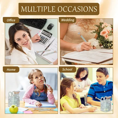 Vista 6 de Qilery 8 accesorios de escritorio brillantes de regalo con 1 soporte para bolígrafo, 6 bolígrafos de diamantes de imitación de cristal, 1 tijeras