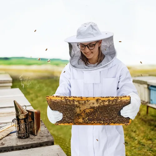 Vista 7 de Trajes de abeja para hombres y mujeres, trajes de apicultor con guantes y 2 capucha de velo a prueba de picaduras, traje de apicultura de cuerpo