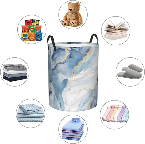 Vista 6 de Cesta circular con estampado de mármol blanco y azul, impermeable, cesta organizadora de lavandería, con asas, para ropa, juguetes, pequeña