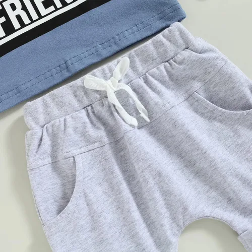 Vista 56 de Conjunto de traje de verano para bebé niño pequeño, manga corta, cuello redondo, letras impresas, lindo traje de verano, conjunto de 2 piezas