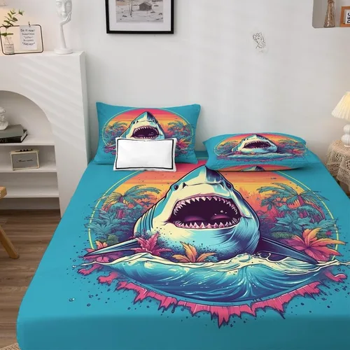 Vista 3 de Juego de sábanas de tiburón tamaño King, sábanas de microfibra suave y bolsillo profundo, sábanas y fundas de almohada estampadas sin arrugas, 4